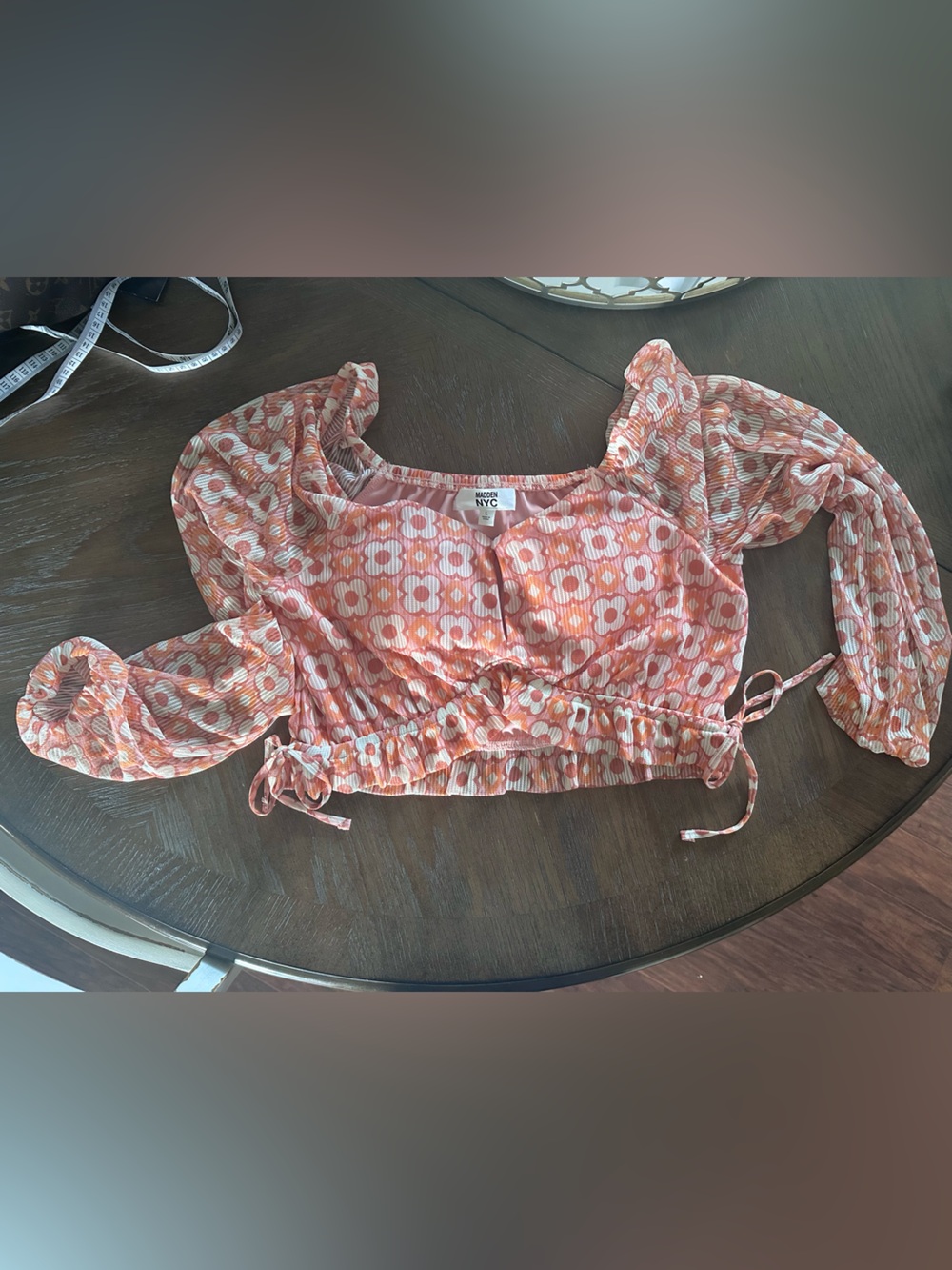 NWOT NYC Peach Floral Smocked-Waist Peasant Blouse